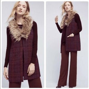 Anthropologie Tweed Vest w/ Removable Fur Trim Size L